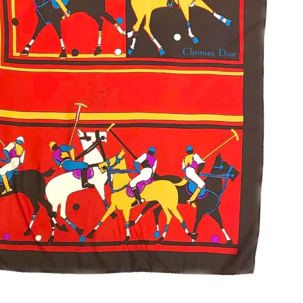 AUTH VINTAGE CHRISTIAN DIOR 78cm x 78cm LARGE MULTICOLOR JOCKEY RED SCARF SILK